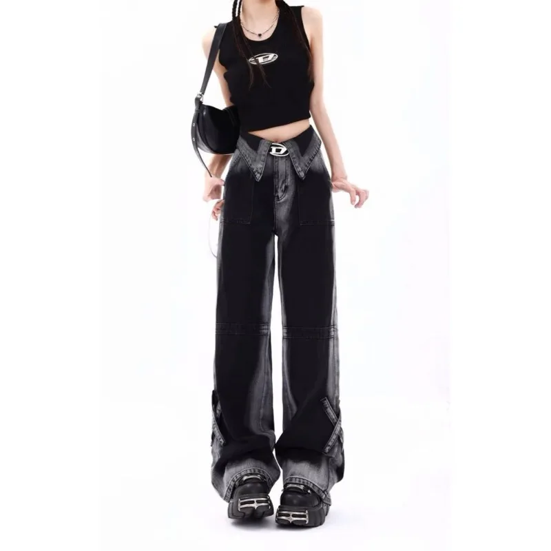 Deeptown Y2k Black Vintage Harajuku Women Jeans American Retro Straight Baggy Denim Pants Youthful Streetwear Trousers Autumn