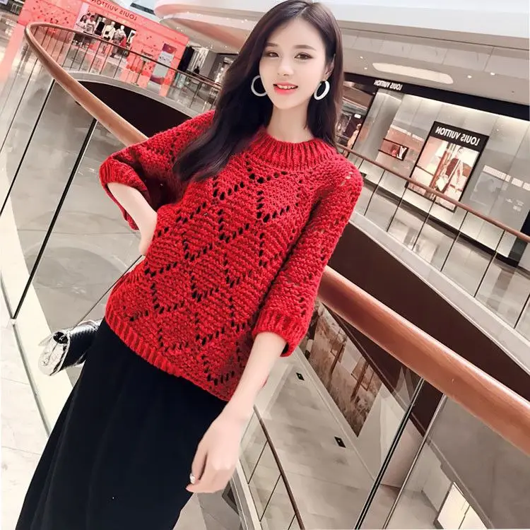 

Hollow out suits autumn 5 batwing coat sleeve of the loose twinset sweater vest dress female new knitting mesh shirt