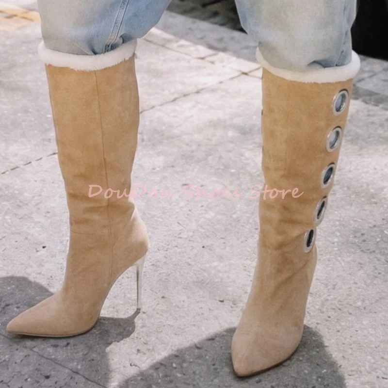 Khaki Suede Cutout Fluffy Trim Pointed Long Boots Women Big Metal Eyelet Thin Heel Knee High Boots Retro Fashion Winter Shoes
