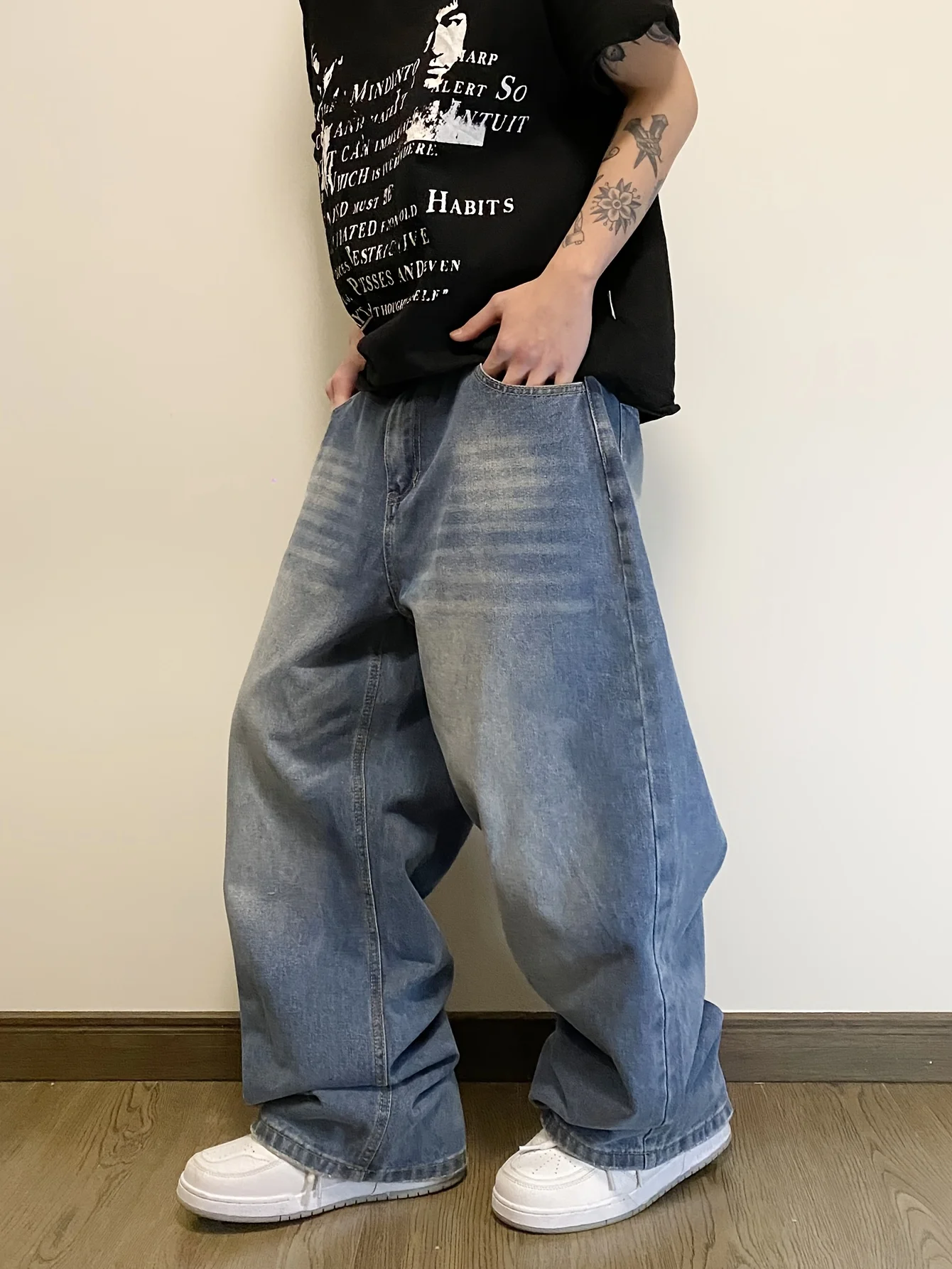 Męskie szerokie jeansy Y2K z szerokimi nogawkami, dżinsowe spodnie w stylu vintage z prostymi nogawkami, codzienne spodnie dżinsowe z kieszeniami, streetwear