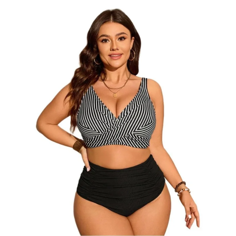 Plus-size Plus-size Women's One-piece Swimsuit with Backless Striped Print and Panel Design Bikini Top