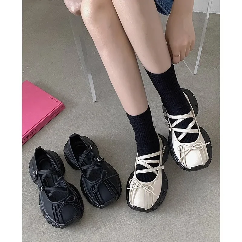 Women Chunky Mary Jane Shoes Women Vintage Platform Sports Shoes Fashion Shallow Bowknot Platform Casual Shoes Ballerina Shoe