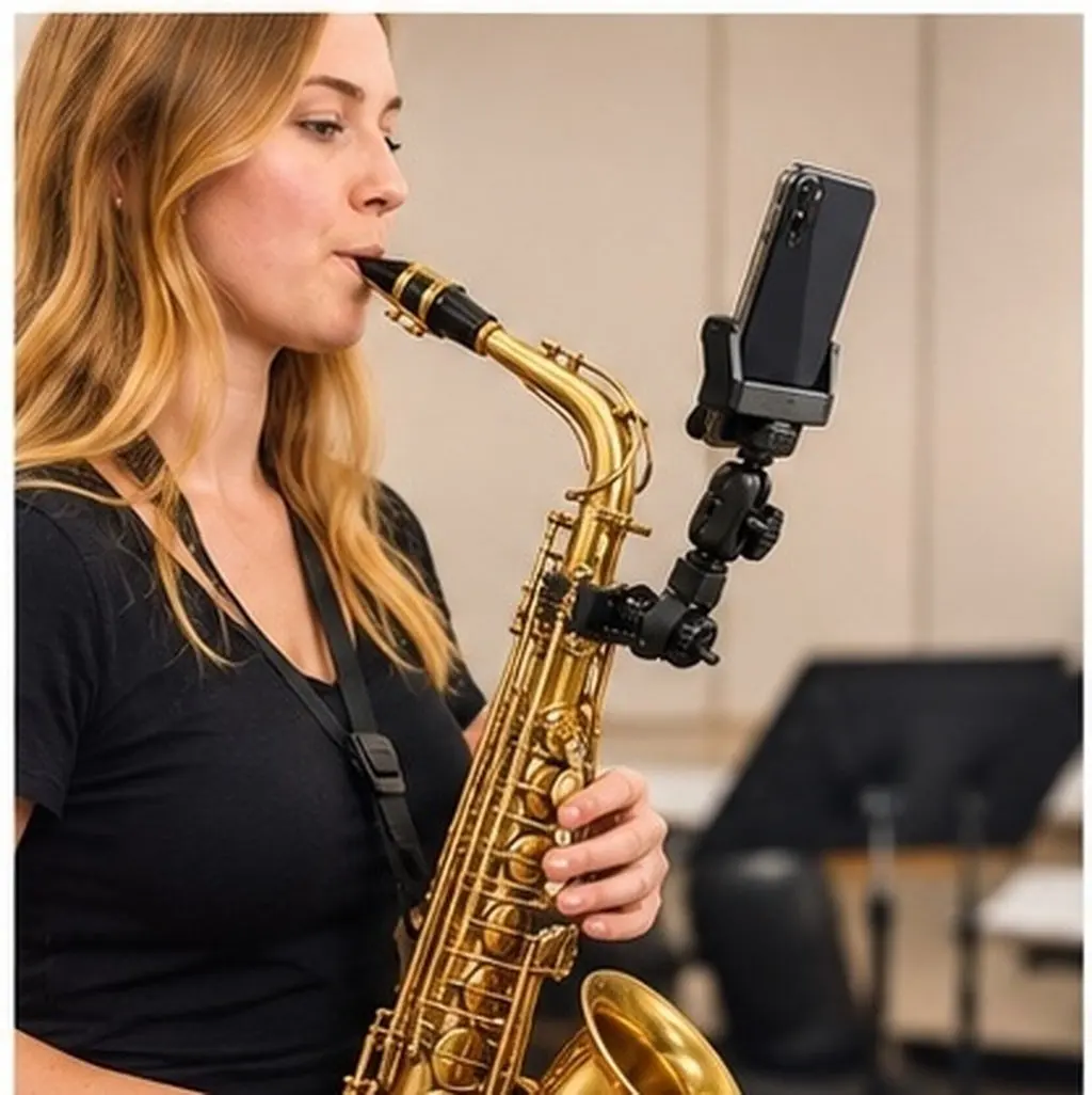 Adjustable Electric Saxophone Phone Mount Clip Secure Clamp Music Stand Holder for Mobile Phone Sheet Music Recording and