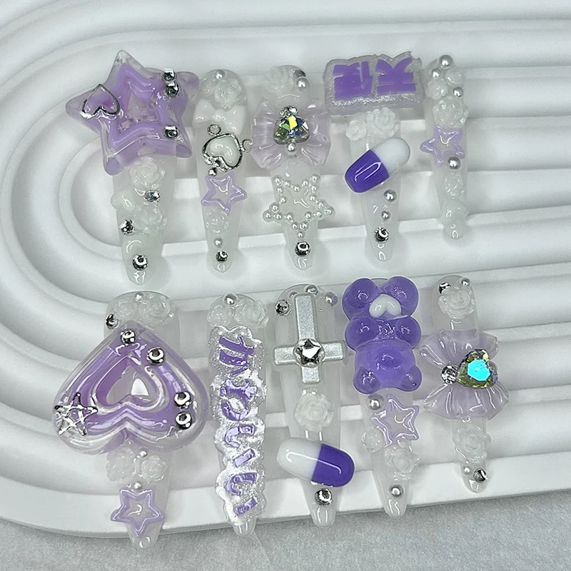 10 قطع Kawaii Y2K لطيف الدب اليدوية الصحافة على الأظافر الأرجواني ثلاثية الأبعاد ستار القلب القوس ارتفع الأظافر وهمية للإزالة قابلة لإعادة الاستخدام