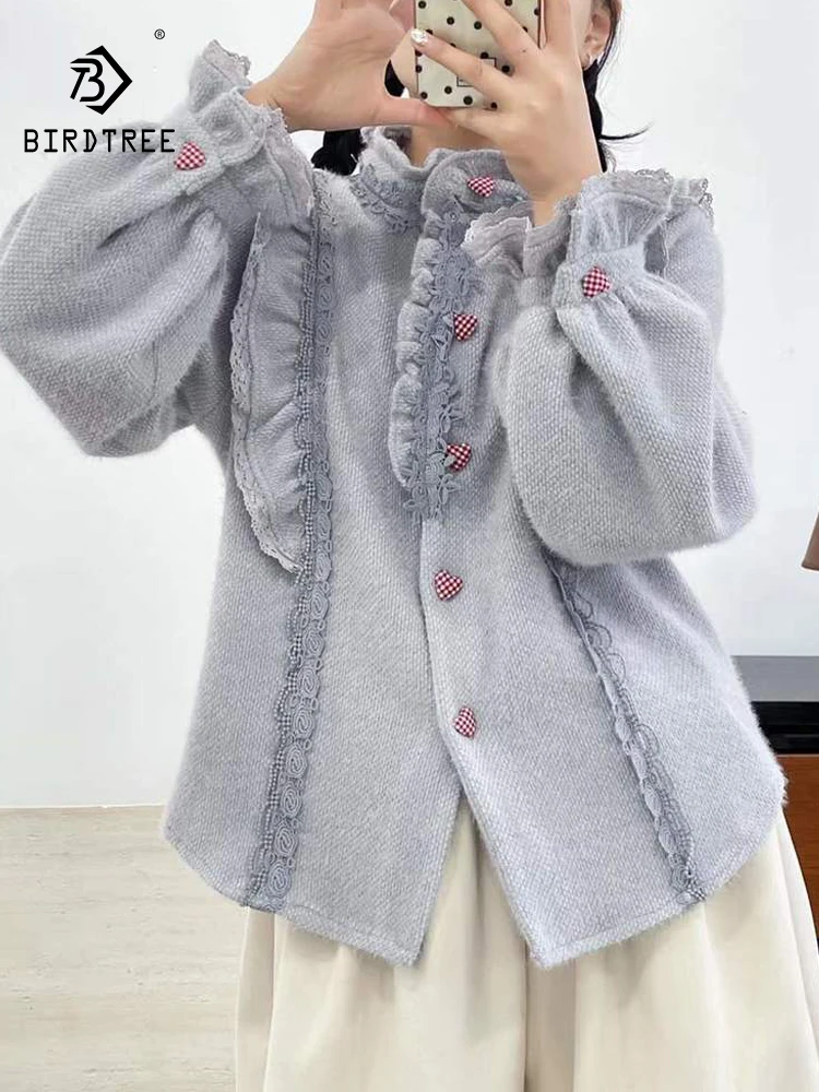 

New 2025 Winter Cotton Long Sleeve Shirt, Women Stand Ruffles Patchwork, Mori Girl Perppy Style Thicken Loose Blouse T5D476CC