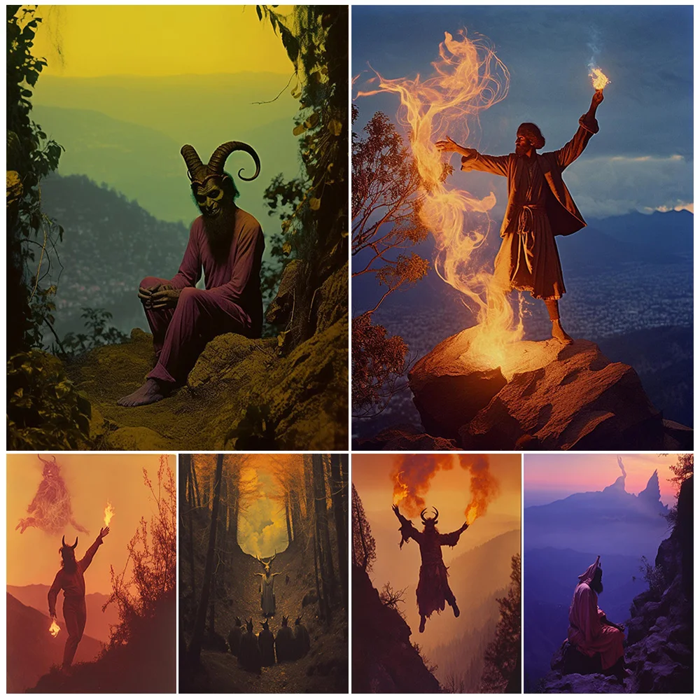 The Demon Of Fire And Baphomet,Vintage Wall Art,Canvas Painting,Pagan Witchcraft Worship Art,Poster Print,Home Decor Unframed