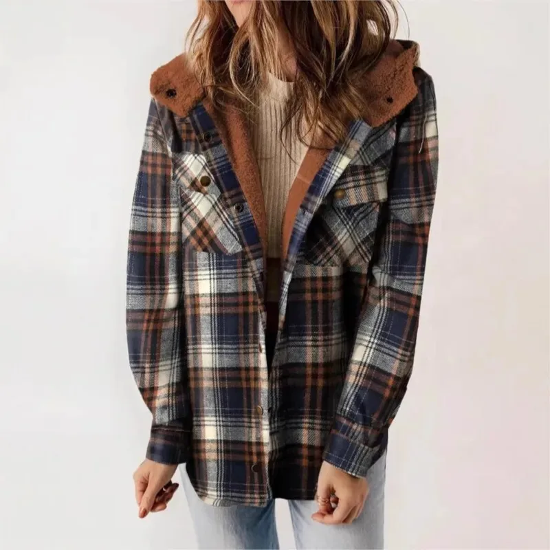 Casual Lose Tasche Warme Weibliche Hemd Jacke 2025, Vintage Büro Dame Winter Mantel Mode Frauen Langarm Kariertes Hemd Mantel