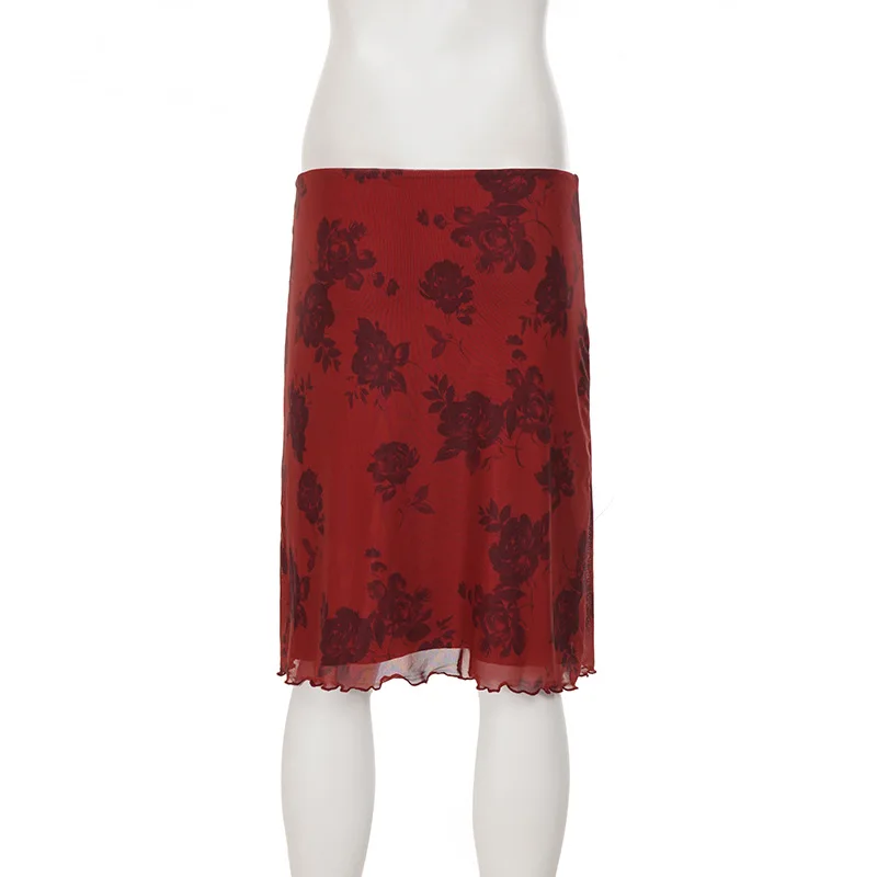 Casual and sexy floral print with fungus edge mesh skirt women's fashion and elegant wrapper hip mid skirts