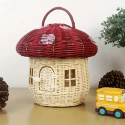 Handmade Mushroom Storage Basket Aesthetic Rattan Braided Picnic Basket Cute Children Wicker Purse Home Decor Photography Props