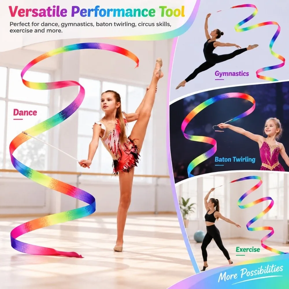 2M/4M/6M Rhythmic Gymnastics Equipment Stick Rainbow Color with Stick Sparkling Performance Props Gradient Gymnastics Ribbon