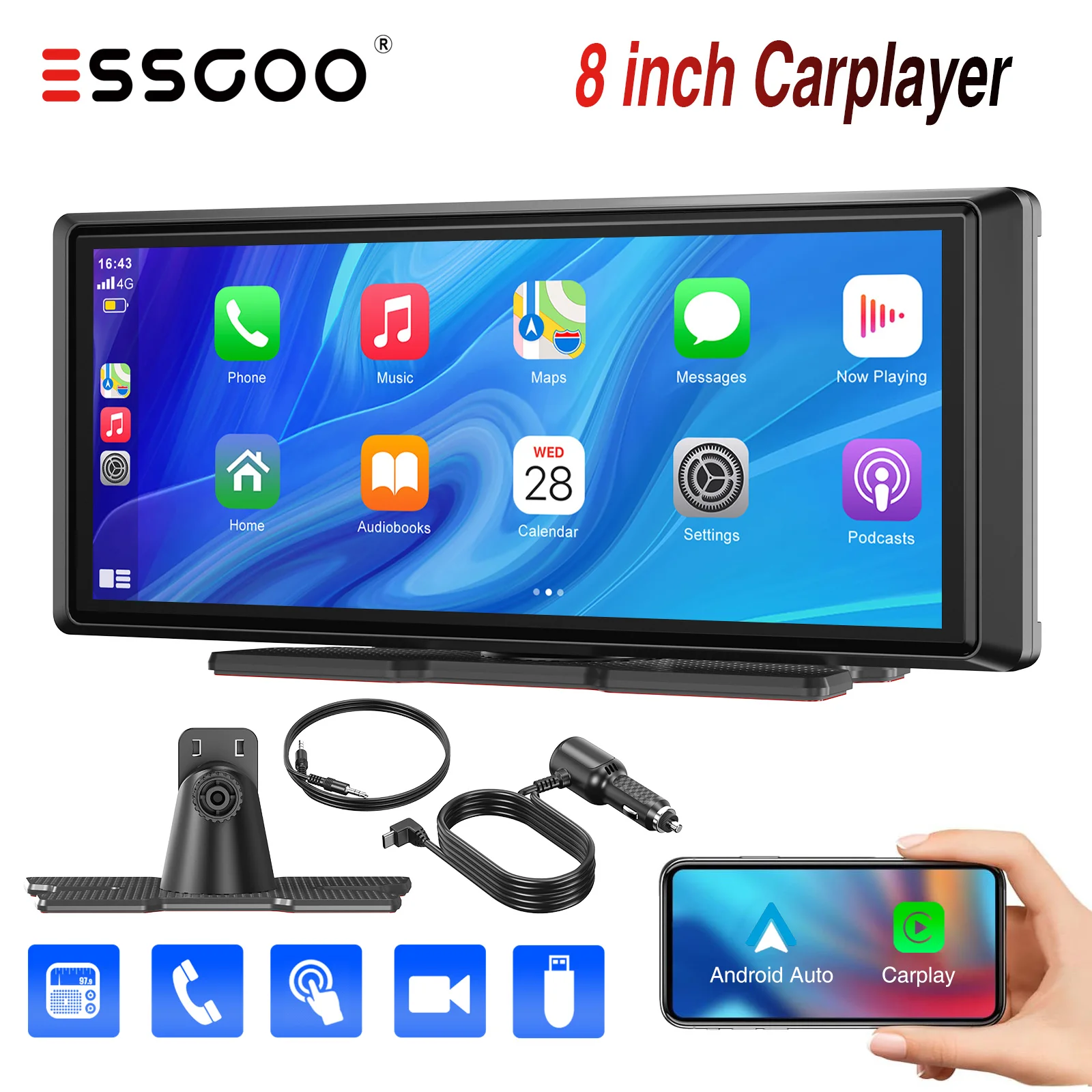 ESSGOO 8.1” CarPlay Android Auto Car Radio Multimedia Player 1600*600 IPS Screen With AUX TF Slot Support Rearview Camera