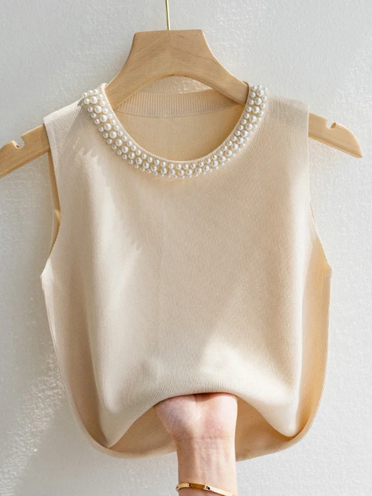 2026 Women Top Korea Knitted Vests Solid Tank Blusas Mujer De Moda Summer New Fashion Female Sleeveless Beading Casual Thin Tops