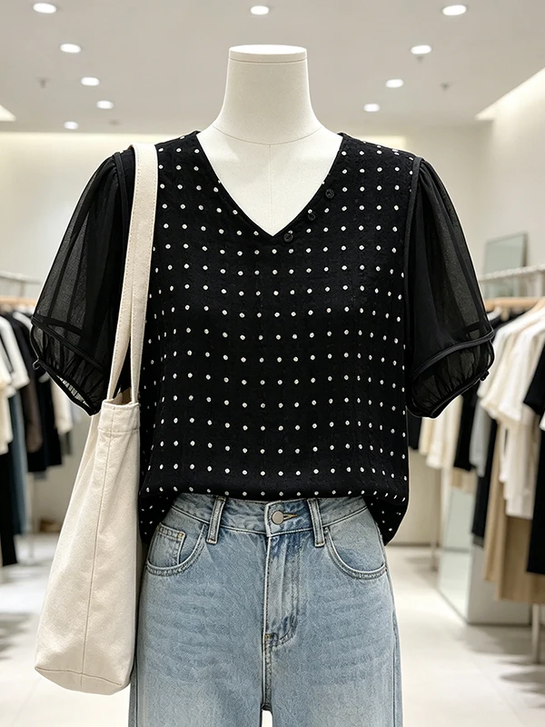 

Large Size Contrast Color Polka Dot V Neck Loose Bubble Sleeve Chiffon Shirt Women's Fashionable Top Korean Style Commute Wind