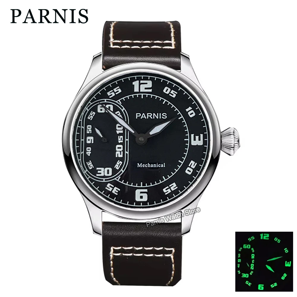 Parnis 44mm Black Dial Luminous Marks Mechanical Men Watch Hand Winding Men's Wristwatch ST3600 Movement Leather Strap Man Clock