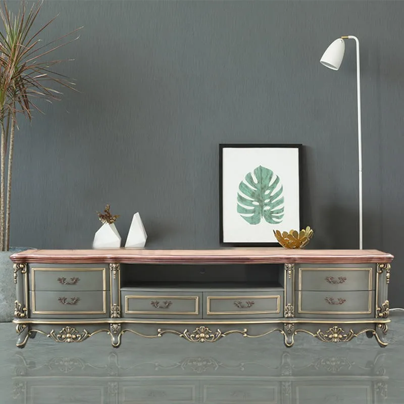 

French solid wood hand-carved TV cabinet gold-painted French light luxury floor cabinet neoclassical solid wood drawer cabinet