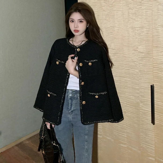 French Womens Jacket Elegant Loose Long Sleeve Color Blocked Mixed Gold Wire Coarse Flower Annual Meeting Jacket Winter Fashion