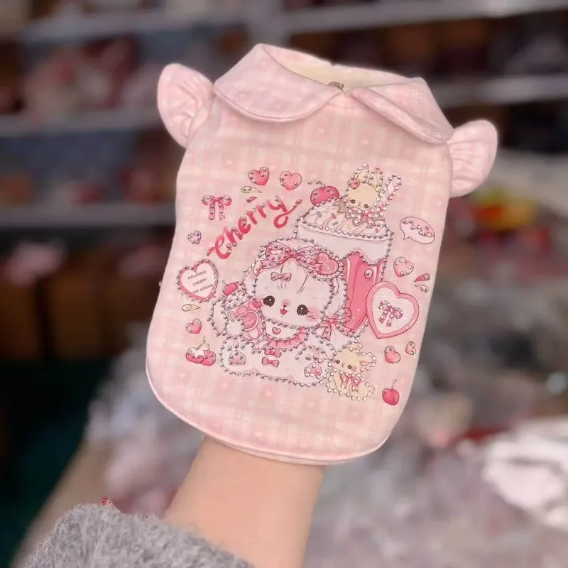 Summer Cute Fresh Print Plaid Pattern Doll Collar Plus Flash Diamond Decoration Pet Kitten Puppy Short Sleeve Pet Clothing