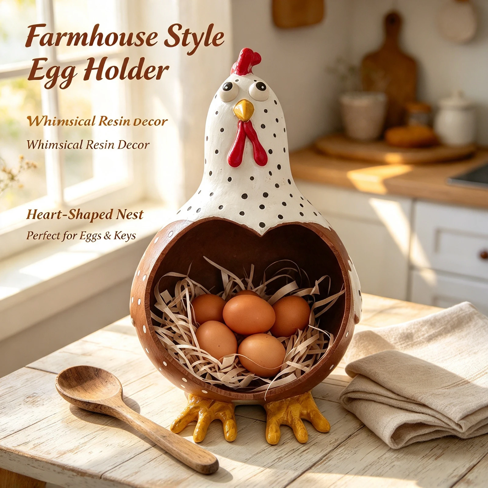 Resin Artificial Chicken Egg Holder, Farm Animal Nest Basket Kitchen, Countertop Home Garden Decor Rustic, Easter Gift Ornament