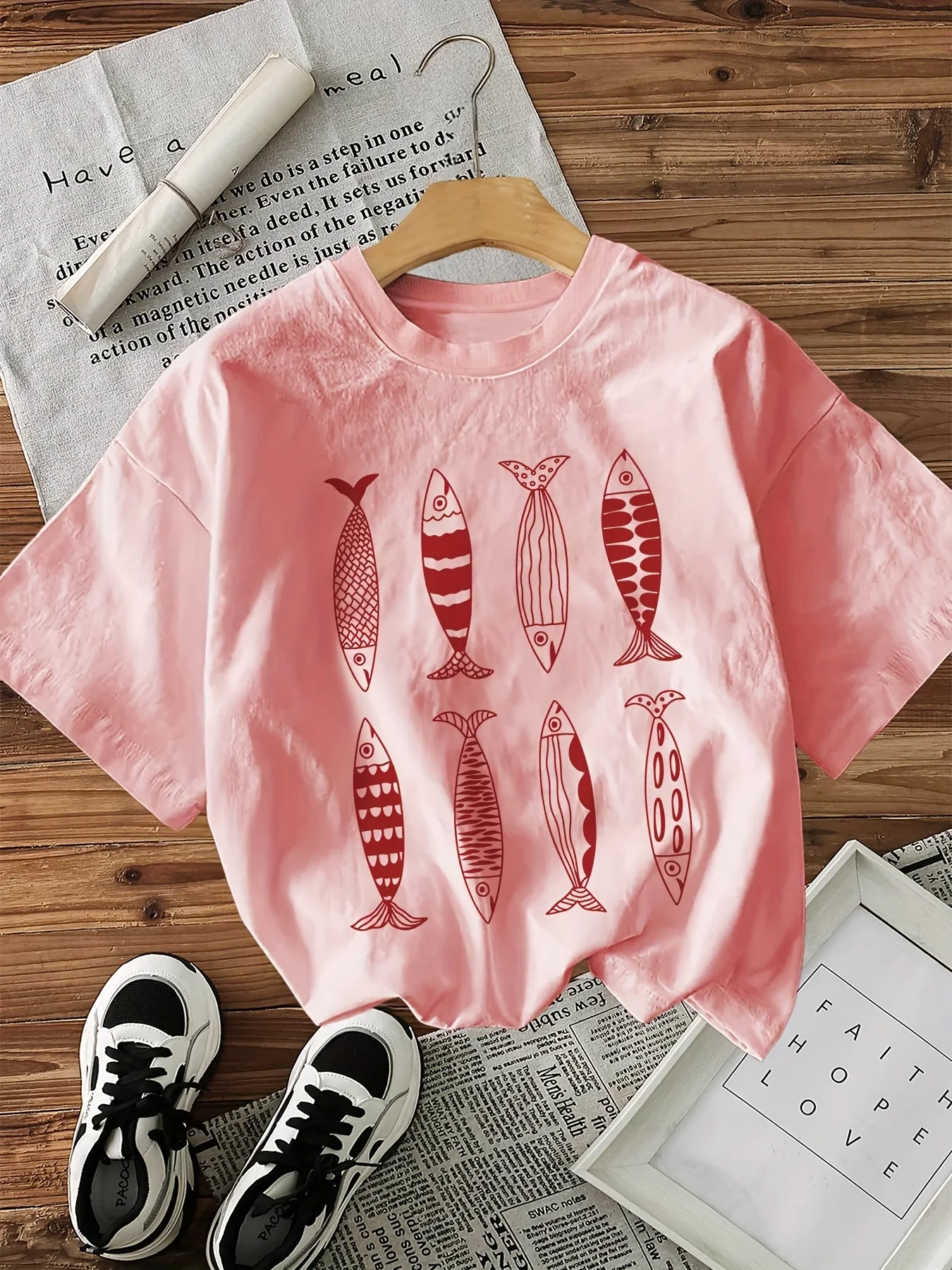 Funny Fish T-Shirt 100% Cotton Women's Casual Fish Print Design Short Sleeve Crew Neck Top Tee Harajuku