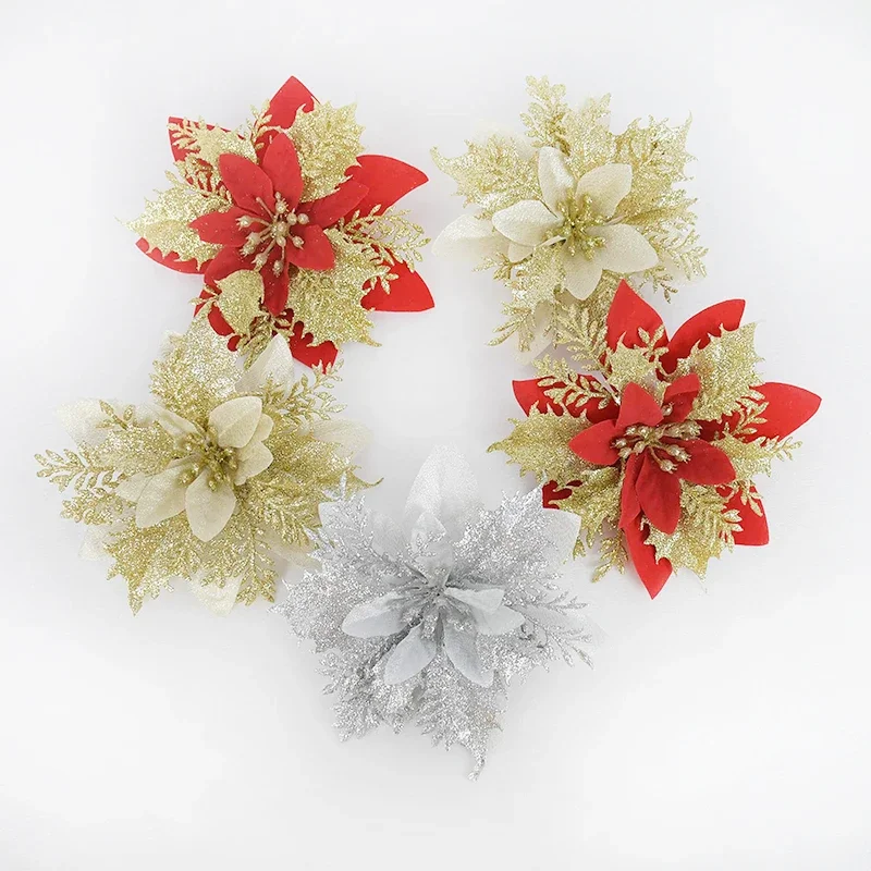 5pcs Xmas Tree Flower Decor 14cm Artificial Flower Heads Wedding Christmas Faux Flowers Decorations Room decoration aesthetic