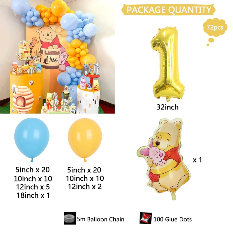 Winnie de Disney the Pooh & Tigger Piggy Pigeon, cadena de globos colorida con números dorados, regalo de ducha de cumpleaños para vacaciones, juego de globos para fiesta