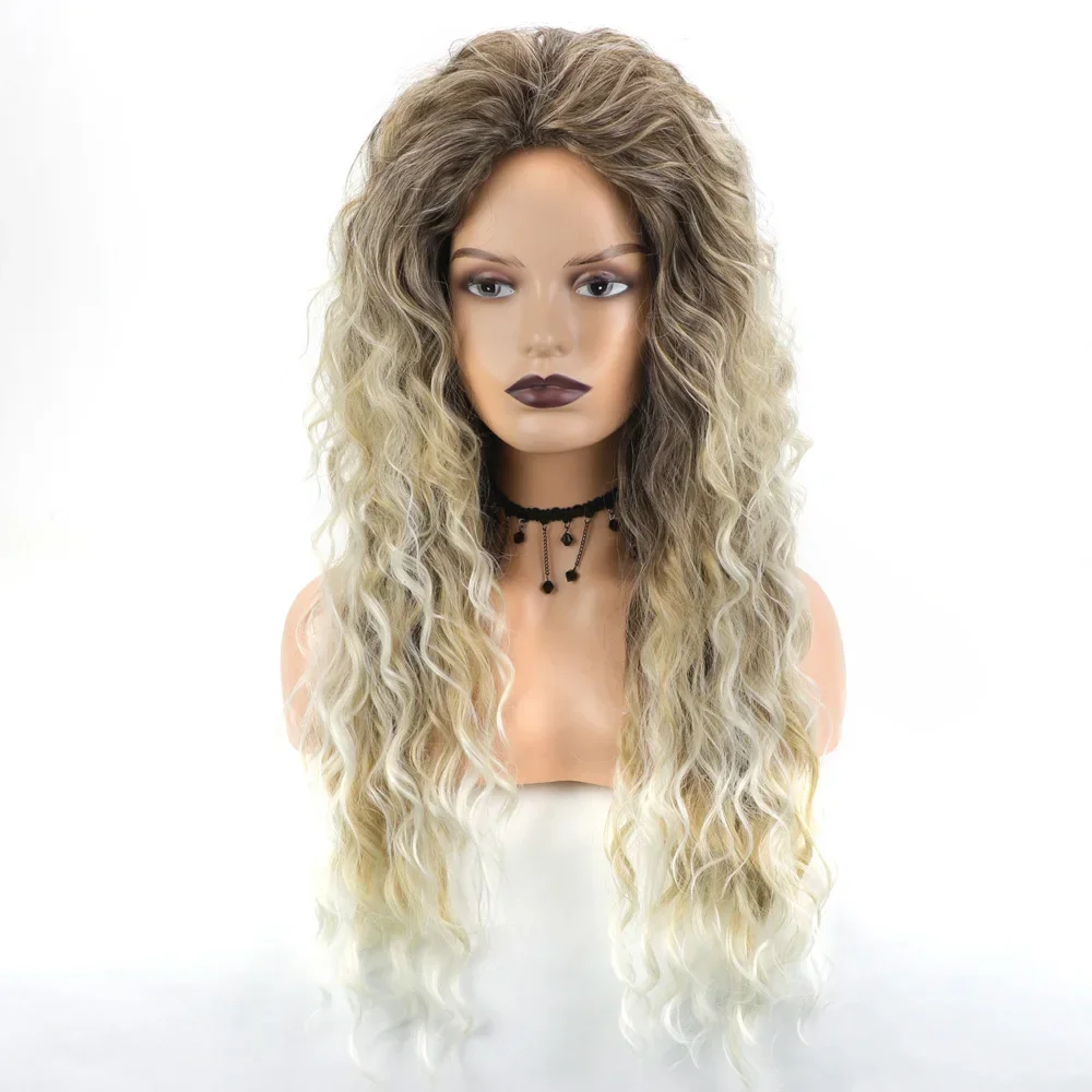 WHIMSICAL W Synthetic Ash Blonde Wig Long Curly Hair Wigs for White Women Fluffy Ombre Hairstyle Natural Chic Root Curly Wig