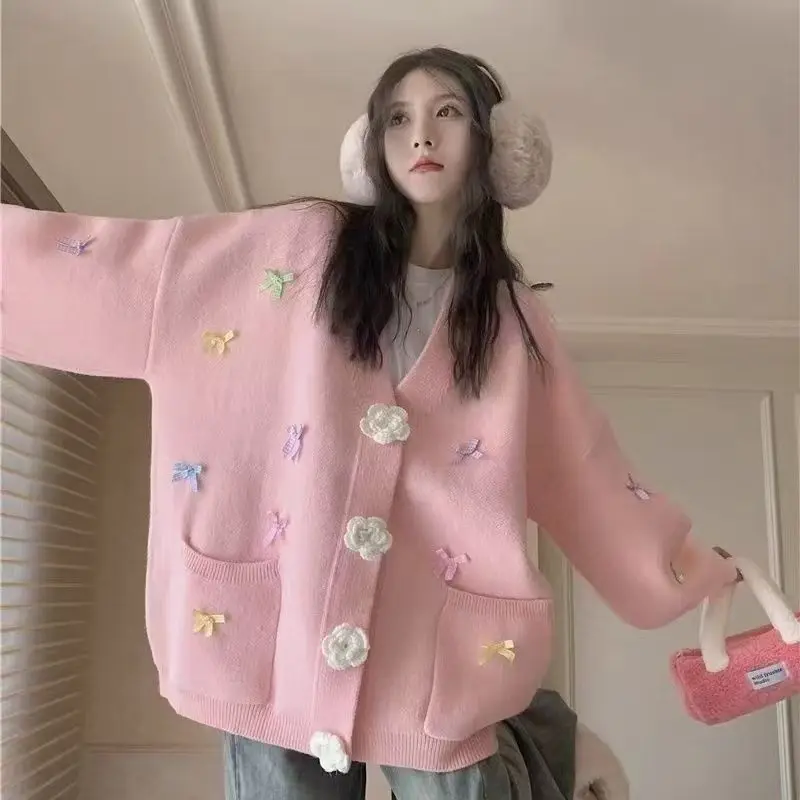 

Fashion 3D Floral Sweet Bow Cardigan Sweaters Women Preppy Style Loose V Neck Korean Knitted Jacket Casual Long Sleeve Fall Tops