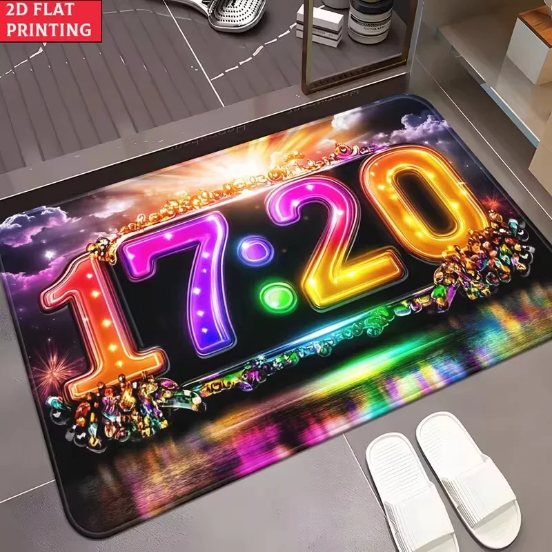 VIKAMA Neon Digital Clock 00:00 Temperature Futuristic LED Art Flannel Door Mat Non Slip Entryway Bedroom Living Room Home Decor