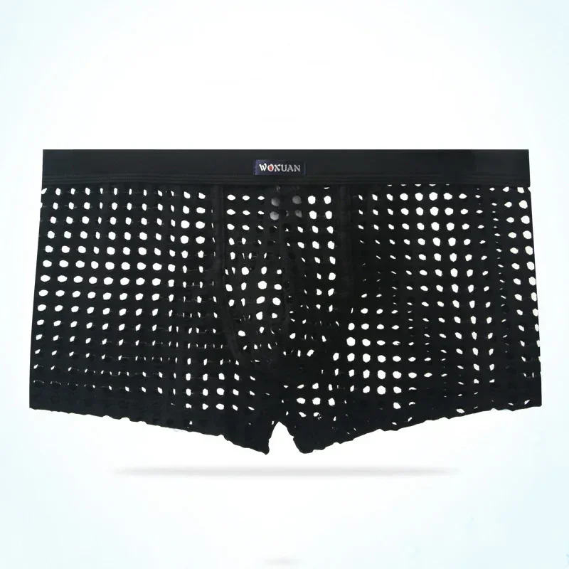 Nova roupa interior masculina respirável malha boxers cintura baixa oco para fora calcinha sexy