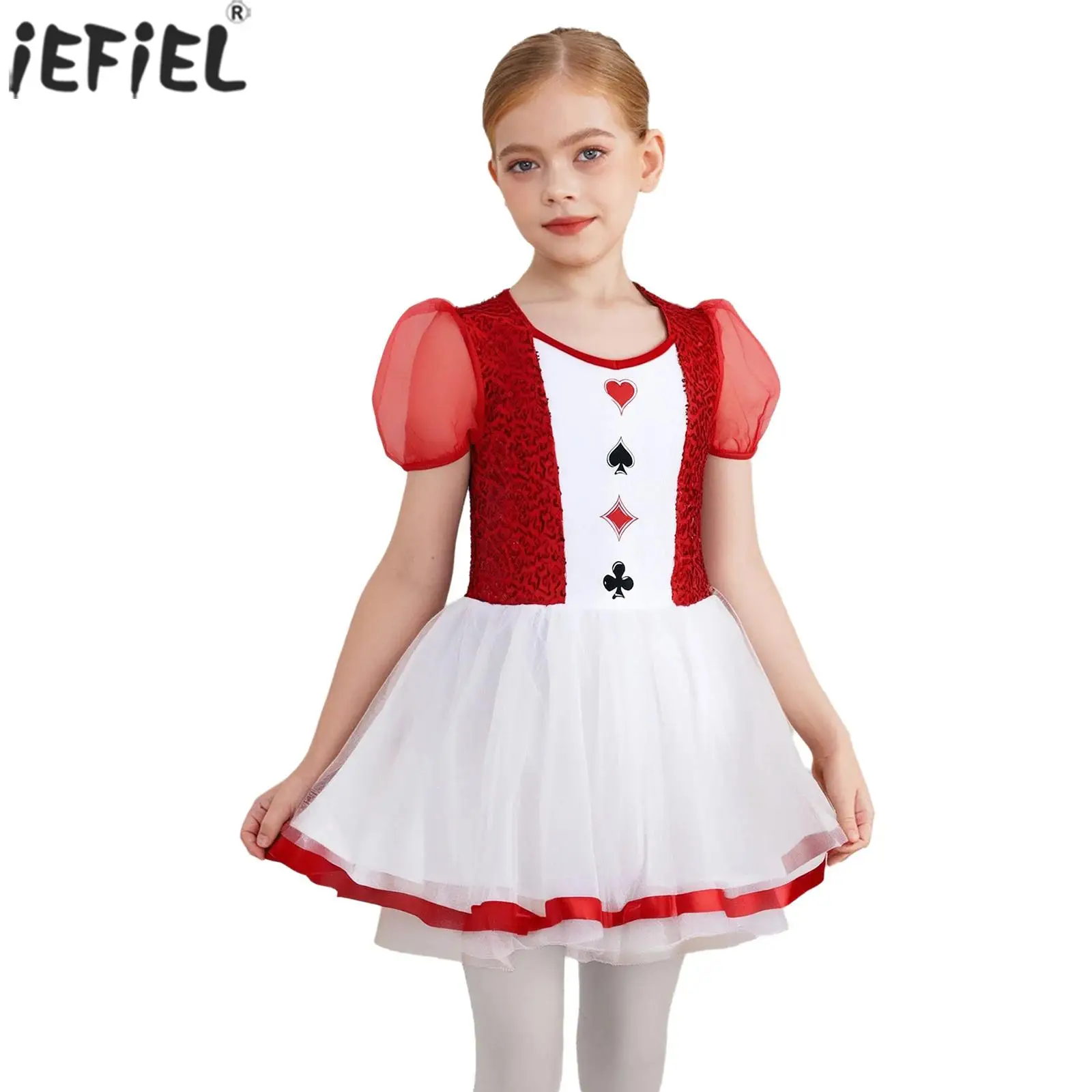 Kids Girls Halloween Circus Princess Costume Shiny Sequins Print Puffy Dress Ballet Dance Leotard Stage Performance Dancewear