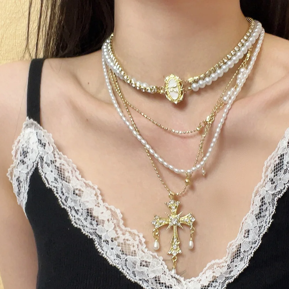 

2024 New Arrival MultiLayer Pearl Cross Pendant Necklace Female Elegant Heavy Craftsmanship French Choker Locket HighEnd