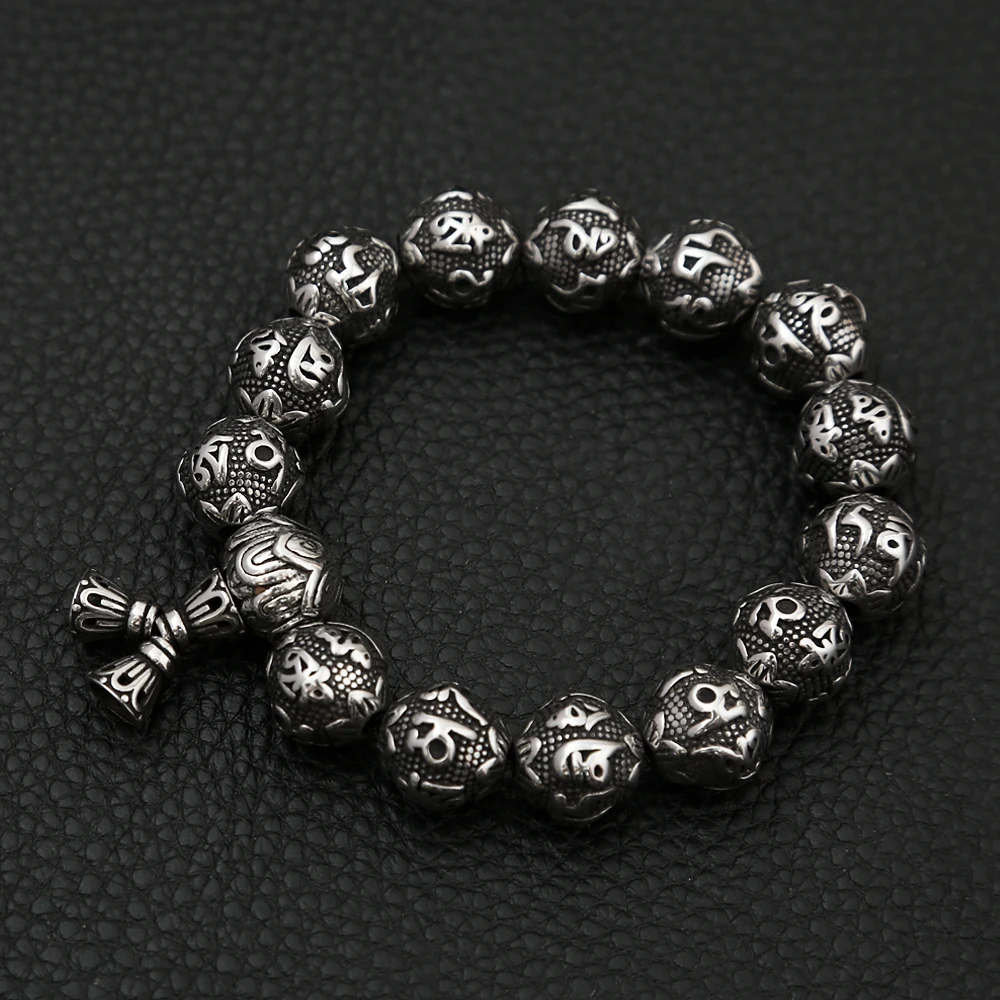 Vintage Unique Tibetan Buddhism Six Words Mantra Bracelet for Men Women Punk Stainless Steel Amulet Bracelets Jewelry Wholesale