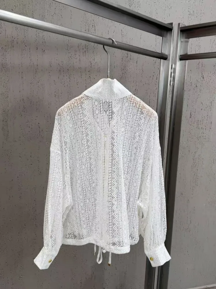 Summer Fashion Women Lace Zipper Jacket Short Coat Turn Down Collar Hollowed Out Drawstring Waist Casual Lady Streetwear Outwear