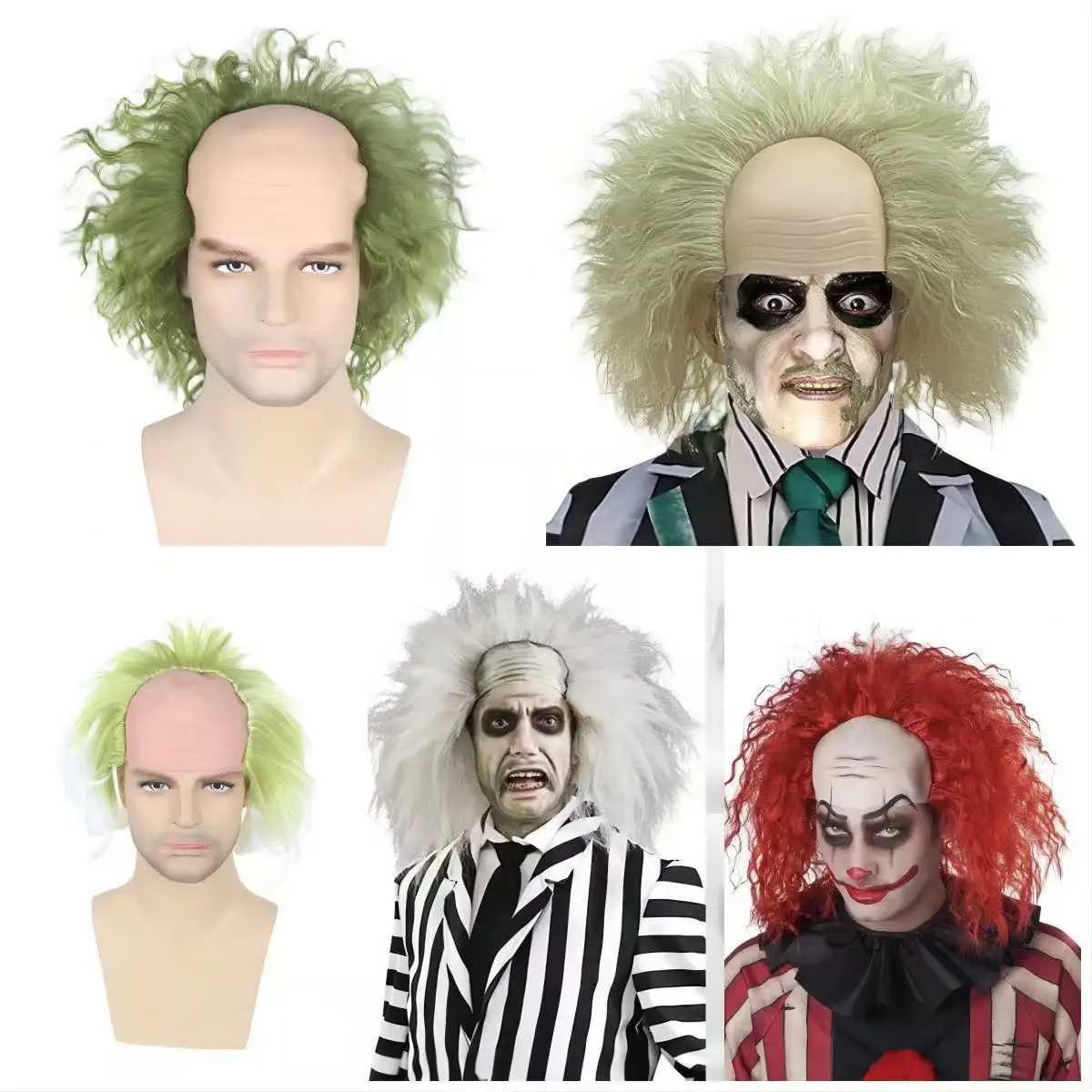 Bald Cap Wig Green White Curly Clown Bald Wig Synthetic Halloween Cosplay Costume Wig for Men