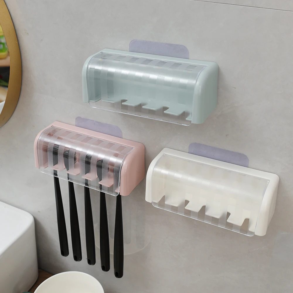 5 Holes Toothbrush Holder with Cover Punch-free Dustproof Toothbrush Storage Racks Wall-mounted Home Bathroom Storage Supplies