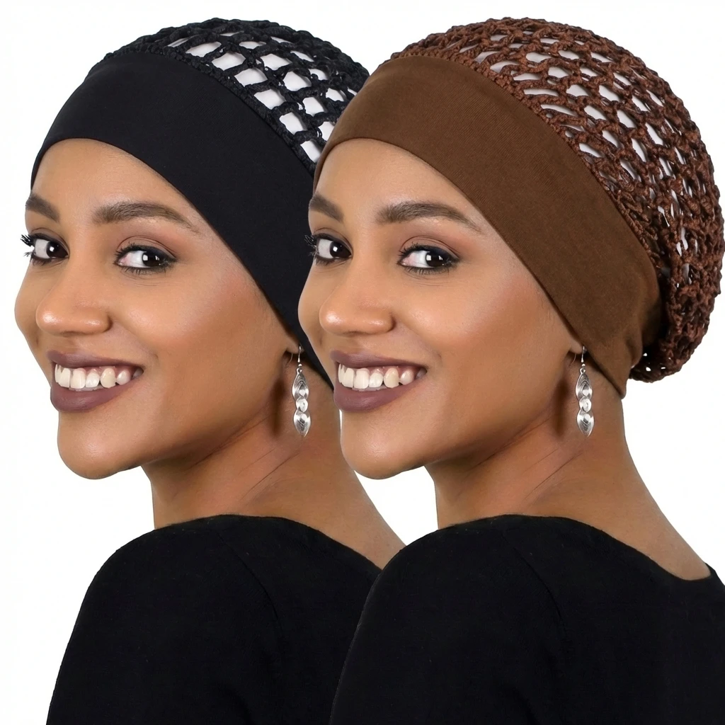 2PCS  Women Crochet Mesh Turban Hat Soft Wide Band Hijab Cap Breathable Hollow Out Head Wrap For Women Hair Cover