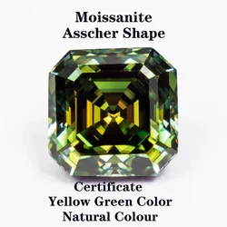 Moissanite Stone Asscher Cut Natural Yellow Green Color VVS1 Advanced Charms Jewelry Rings Earrings Making with Certificate