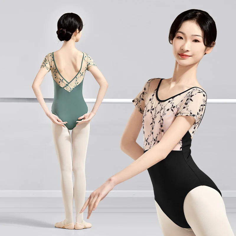 

Ballet Leotards For Women Embroidery Mesh Splice Adult Dance Leotard V Back Elegant Ballet Leotard for Gymnastics