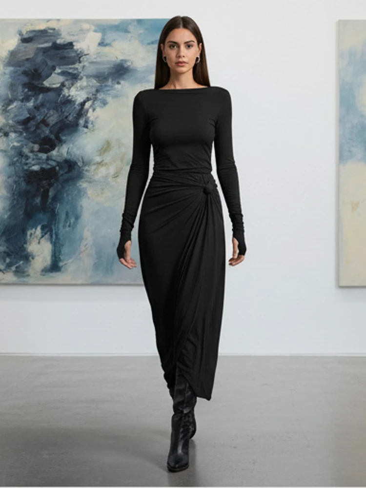 

Элегантное однотонное платье с длинным рукавом и завязками на талии для женщин, повседневное, для офиса, новинка