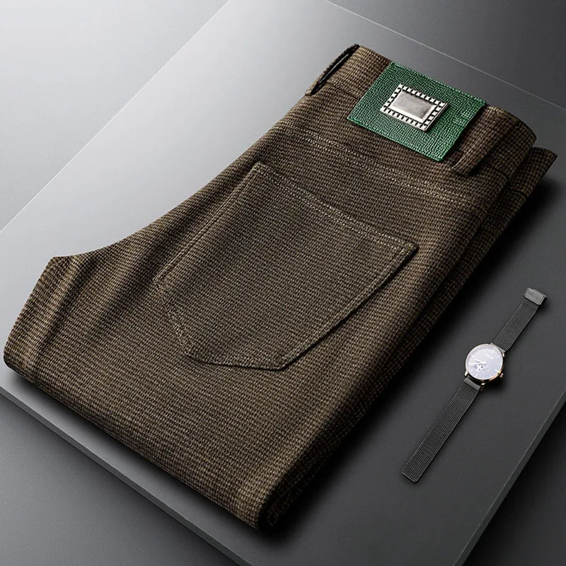 2024 Autumn Winter thick men's business pants Light luxury camel pants men slim small straight wool casual pants men