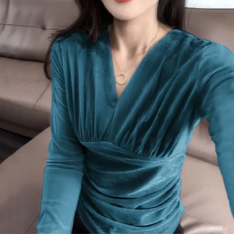 

Элегантная укороченная розовая рубашка Pleuche с v-образным вырезом и пышными рукавами, женская осенняя красивая базовая рубашка во французском стиле для любителей моды TT610