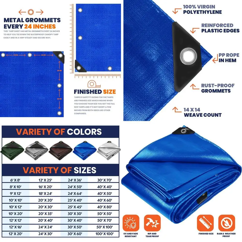 Lonas de Polietileno Resistentes al Agua y a los Rayos UV de 14 Mil, con Bordes Reforzados, 20' x 35', Color Azul, para Camping, Patio, Piscina, Protección de Embarcaciones