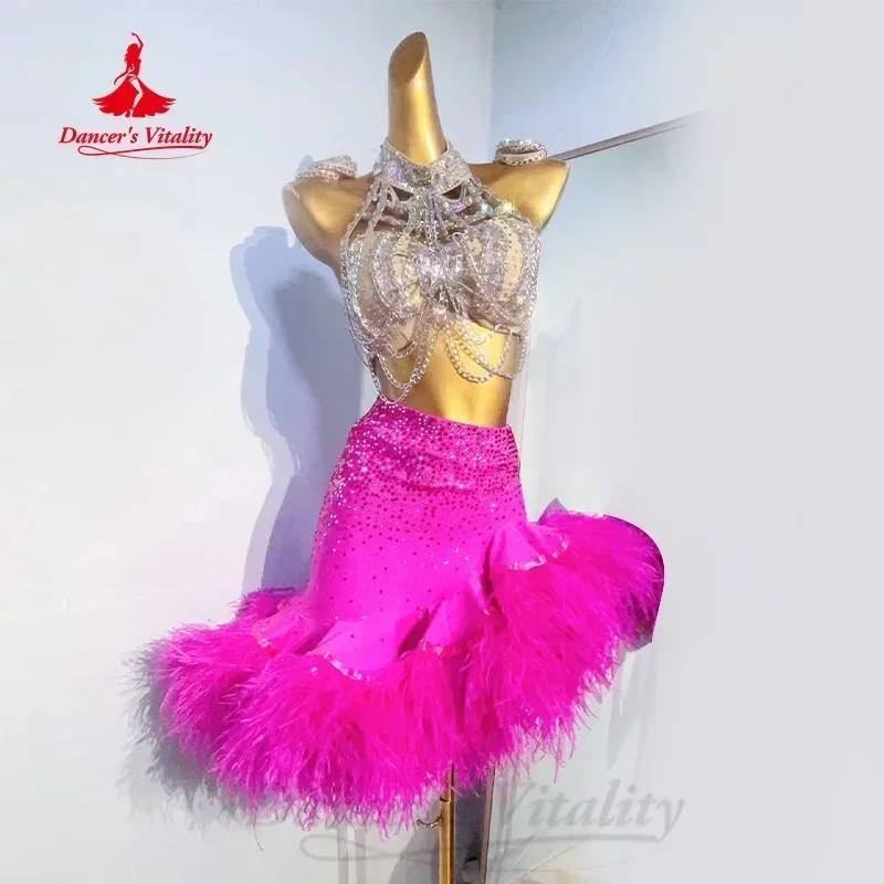 Latin Dance Competition Clothing for Women Customized Diamond Tassel Top+high-end Feather Skirt 2pcs Samba Tango Performance Set