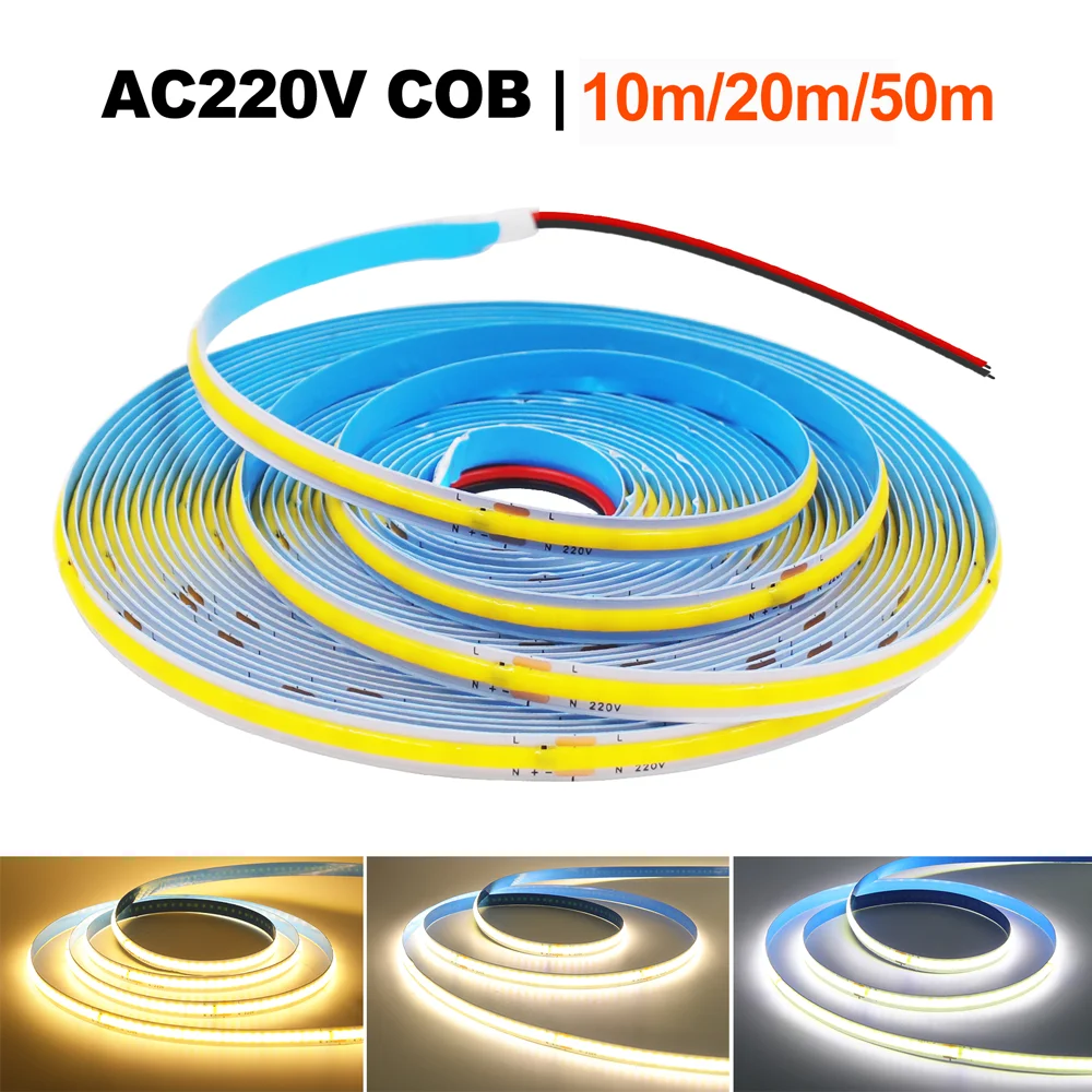 220V COB LED Strip Light 5M 10M 20M 50M Elastyczne oświetlenie taśmowe z układem scalonym 240LEDs/m RA90 Wysokie jasne oświetlenie liniowe