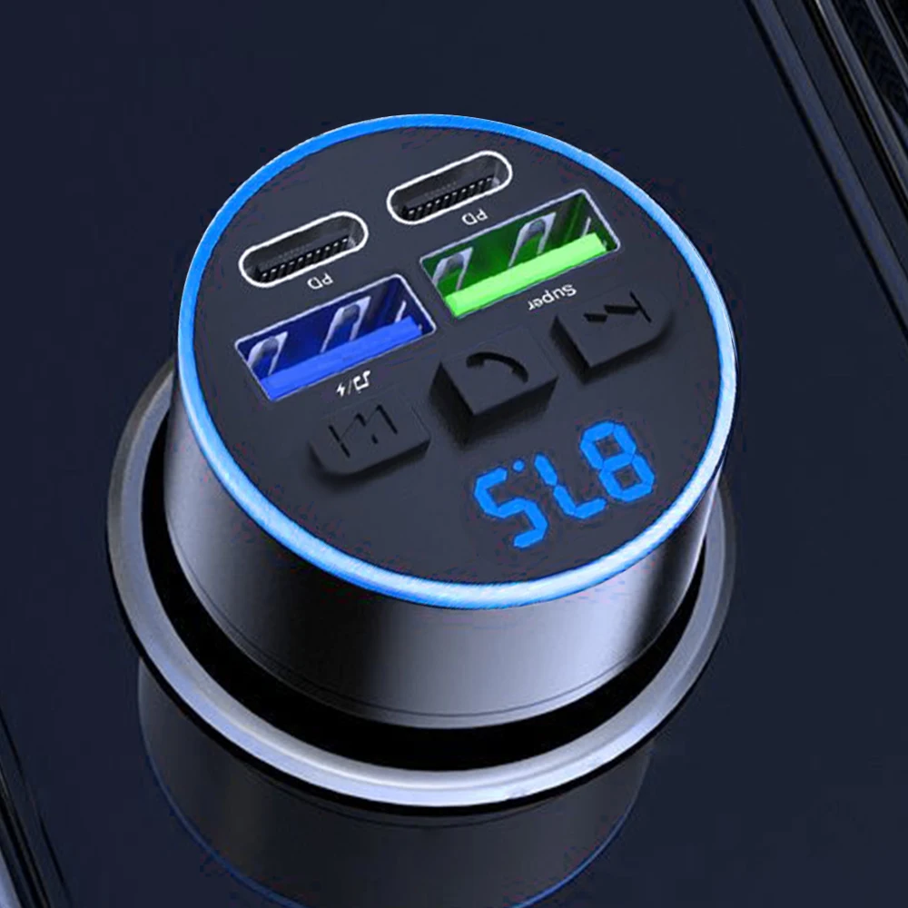 4-in-1 Bluetooth Car Kit Dual USB PD Car Charger Fast Charging MP3 Player with Voltage Display Atmosphere Lamp Adapters 12V-24V