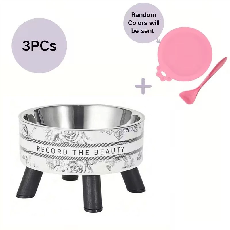 Cartoon design with raised cat bowl silicone wet food spoon can lid pet bowl rack  stainless steel and plastic material feeder