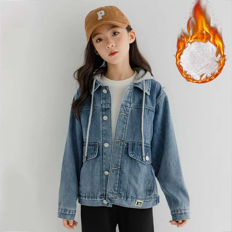 

2024 Autumn Winter Children Girl Plus Velvet Denim Jacket School Girl Contrast Hooded Single-breasted Coats Junior Girl Outwears