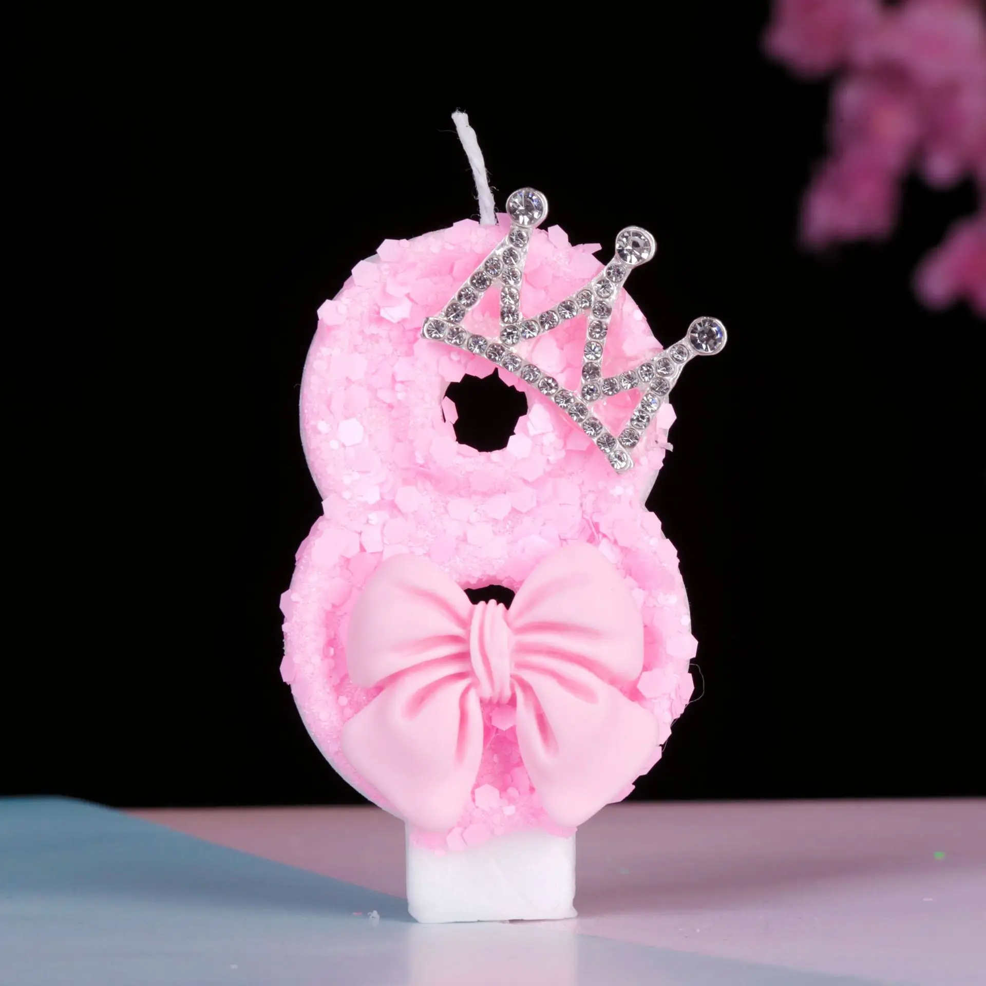 Rosa Zahlen-Geburtstagskerze mit Krone & Schleife, Glitzer 0-9 Digitaler Kuchenaufsatz für Prinzessinnen-Mädchen Kindergeburtstags-Partydekoration S – Detail 10