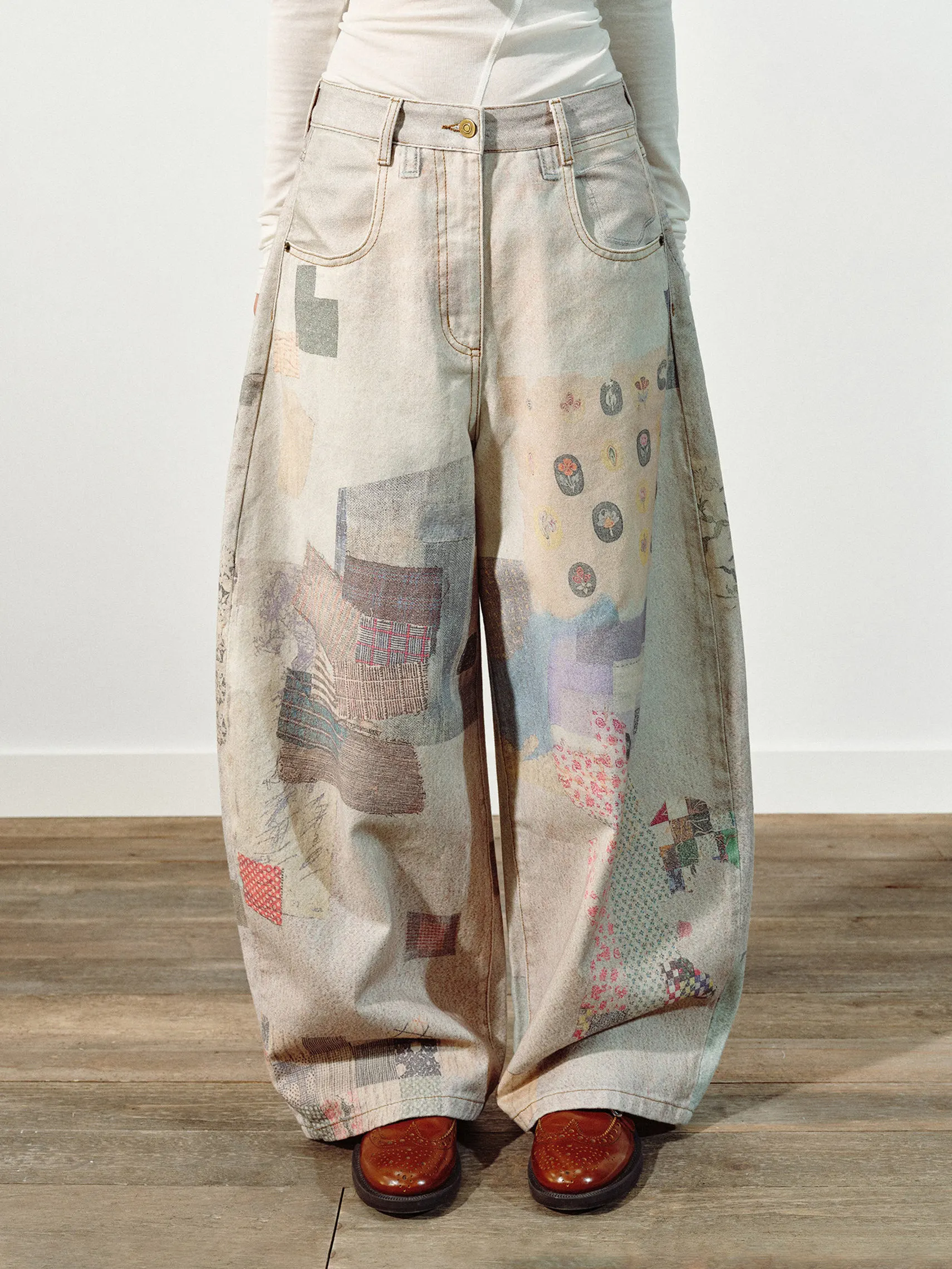 Women's New Y2k Printed Double Waistband Trousers High Street Hiphop Spring Autumn Loose Fit Casual Wide-Leg Pants