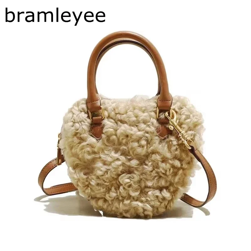 Winter Apple Heart Shape Lady Shoulder Crossbody Bag Small Luxury Fashion Real Lamb Wool Fur Leather Women Top-handle Hand Bag